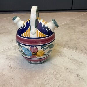 Vintage Talvera Botijo Ceramic Water 2 spout Jug Hand Painted Floral Pitcher